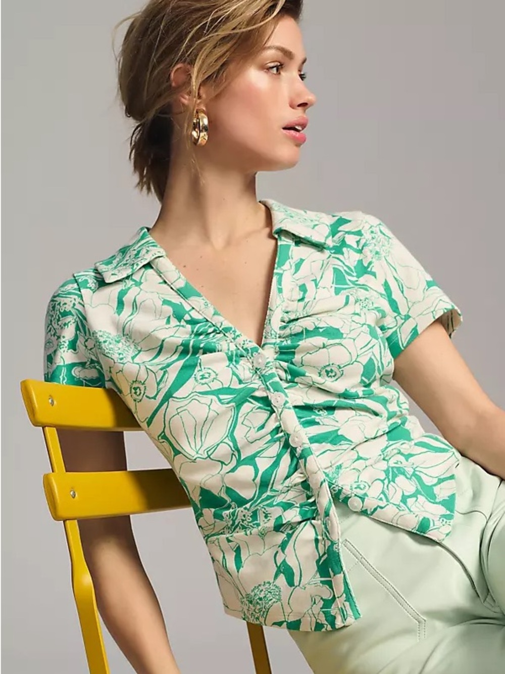 Maeve Green Floral Ruched Button-Front Women’s Top